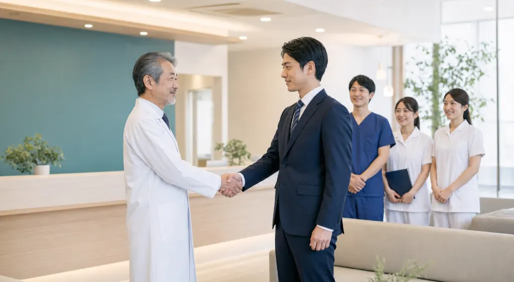 医療機関の経営者と後継者が引継ぎを行う様子
