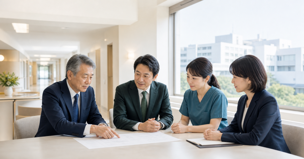 病院の事業譲渡と診療継続について話し合う医療関係者