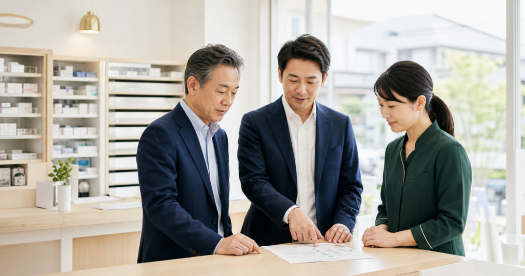 調剤薬局の株式譲渡と事業承継について話し合う関係者