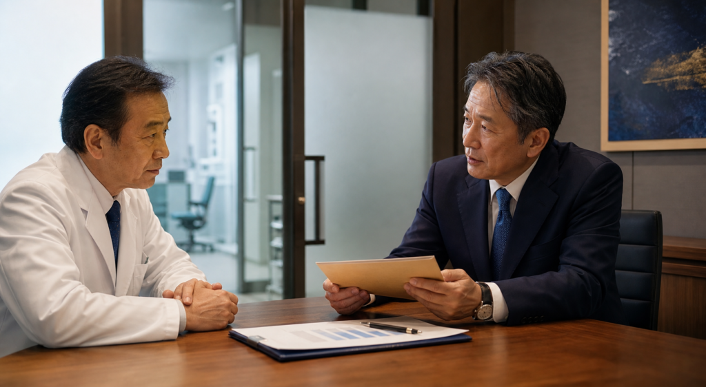 秘密保持と段階的な情報開示を確認する医療機関経営者とアドバイザーのイメージ