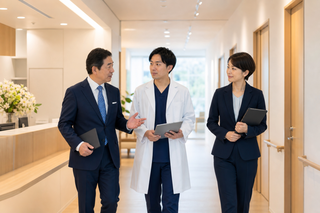 医療施設で承継後の引き継ぎを確認する経営者・医師・管理担当者のイメージ