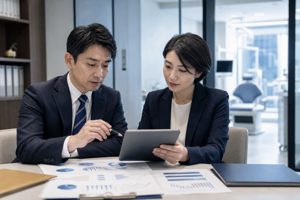 匿名化した医療法人の運営資料を確認する担当者とアドバイザーのイメージ