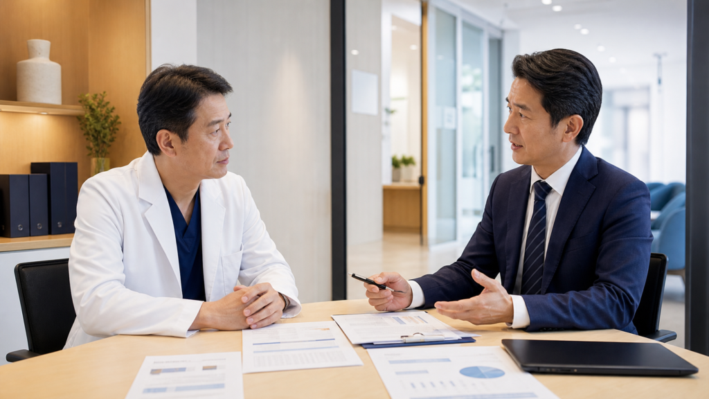 医療機関の事業承継について相談する経営者とアドバイザーのイメージ